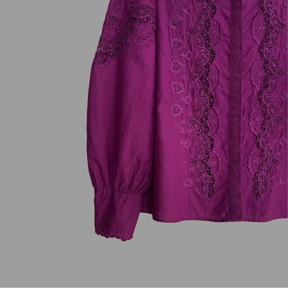 SEZANE Purple Boho Floral Embroidered Lace Button Down Shirt Honey Blouse Top - Picture 7 of 13